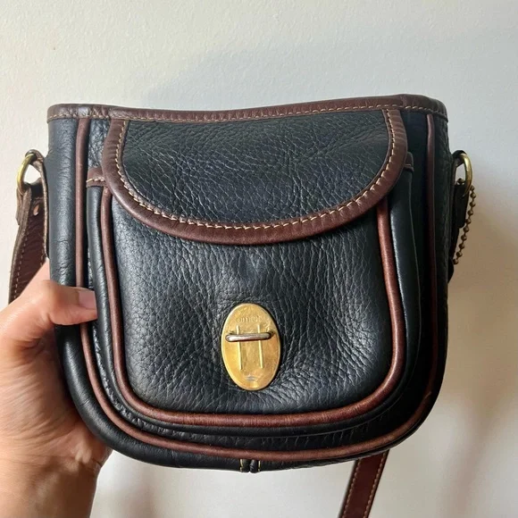 Vintage Roots Saddle Black Leather Crossbody with Brown Trim and Brass Buckle - Picture 5 of 11